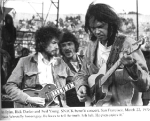 Bob Dylan, Rick Danko and Neil Young, SNACK benefit concert, San Francisco, March 22, 1975